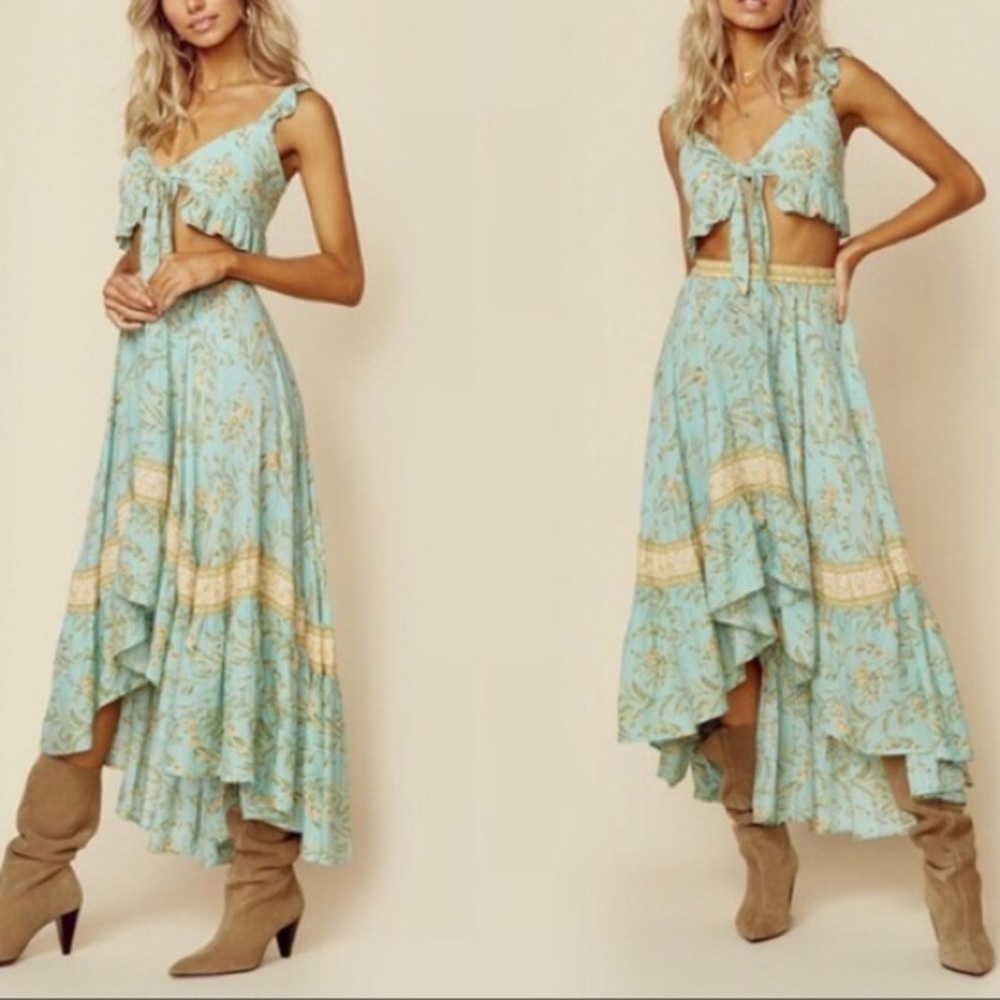 Blue Green Tan Floral Ruffle Hi Low Gypsy Skirt